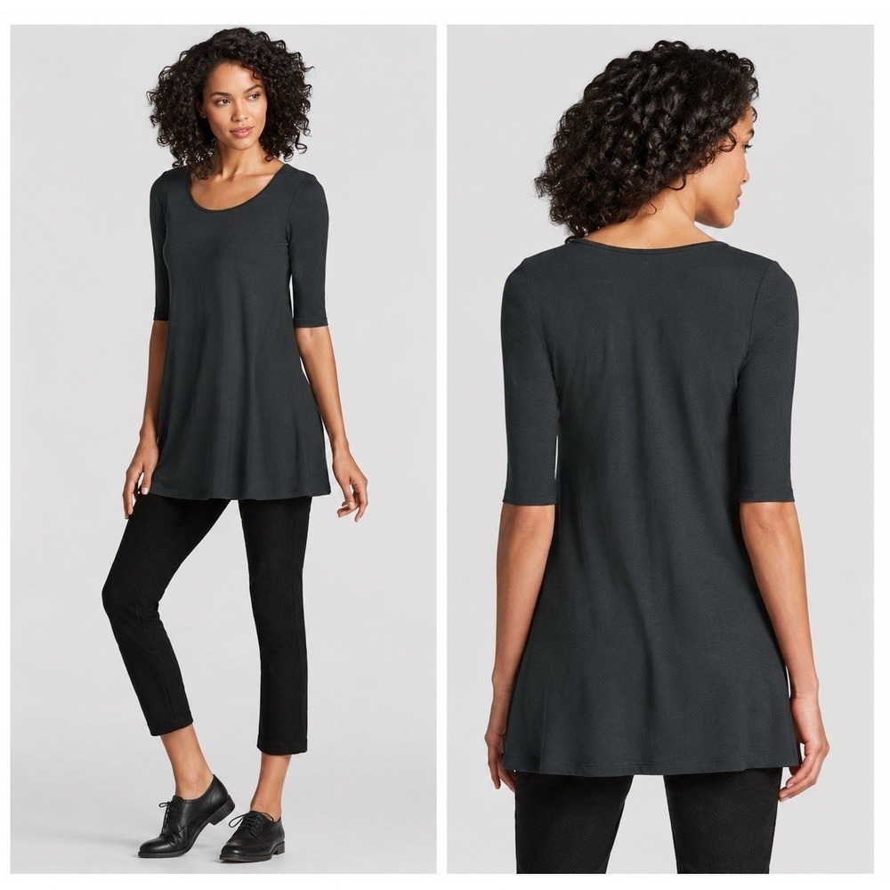 Eileen Fisher Gray Viscose Scoop Neck A-Line Tunic Jersey Elbow Sleeve Top M